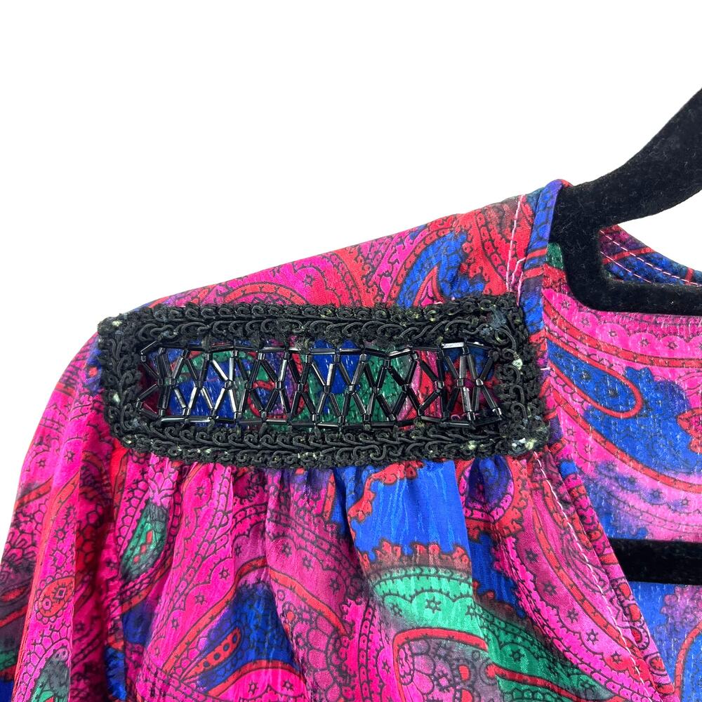 Oscar De La Renta Swirl VTG 70-80s Silk Pink Paisley Beaded Tunic Top Size P XS - Picture 3 of 10